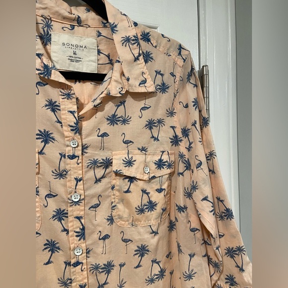 Sonoma Size M Pink Blue 3/4 Sleeve Button Down Shirt Flamingo Palm Tree Print - Picture 2 of 9